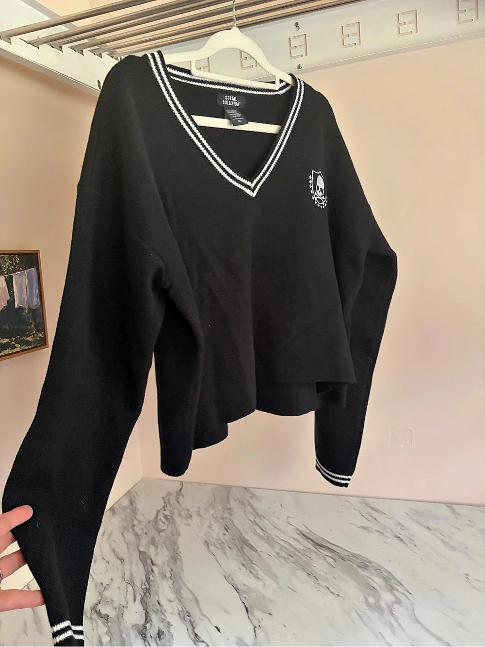 Social Collision Skull Crest V-Neck Sweater V-Neck Skull Sweater in Black